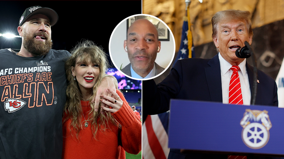 Travis Kelce, Taylor Swift, Eric Ham and Donald Trump