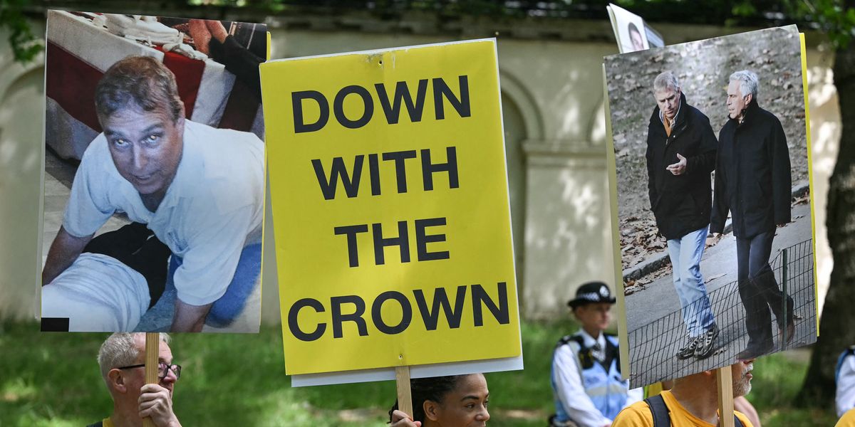 Republic stage anti-monarchy protest using pictures of Andrew Mountbatten-Windsor Republic stage anti-monarchy protest using pictures of Andrew Mountbatten-Windsor