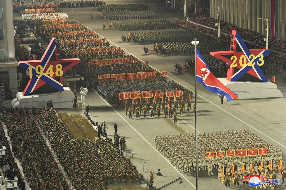 Troops take part in a military parade to mark the 75th founding anniversary of North Korea's army, at Kim Il Sung Square in Pyongyang, North Korea February 8, 2023, in this photo released by North Korea's Korean Central News Agency (KCNA).    KCNA via REUTERS    ATTENTION EDITORS - THIS IMAGE WAS PROVIDED BY A THIRD PARTY. REUTERS IS UNABLE TO INDEPENDENTLY VERIFY THIS IMAGE. NO THIRD PARTY SALES. SOUTH KOREA OUT. NO COMMERCIAL OR EDITORIAL SALES IN SOUTH KOREA.