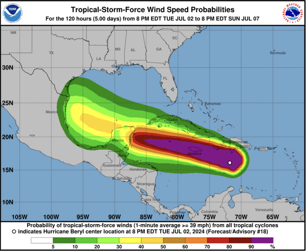 Tropical storm force wind speed probabilities