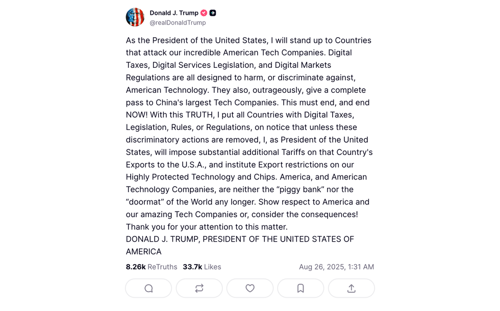 Truth Social post from Donald J Trump about US technology companies