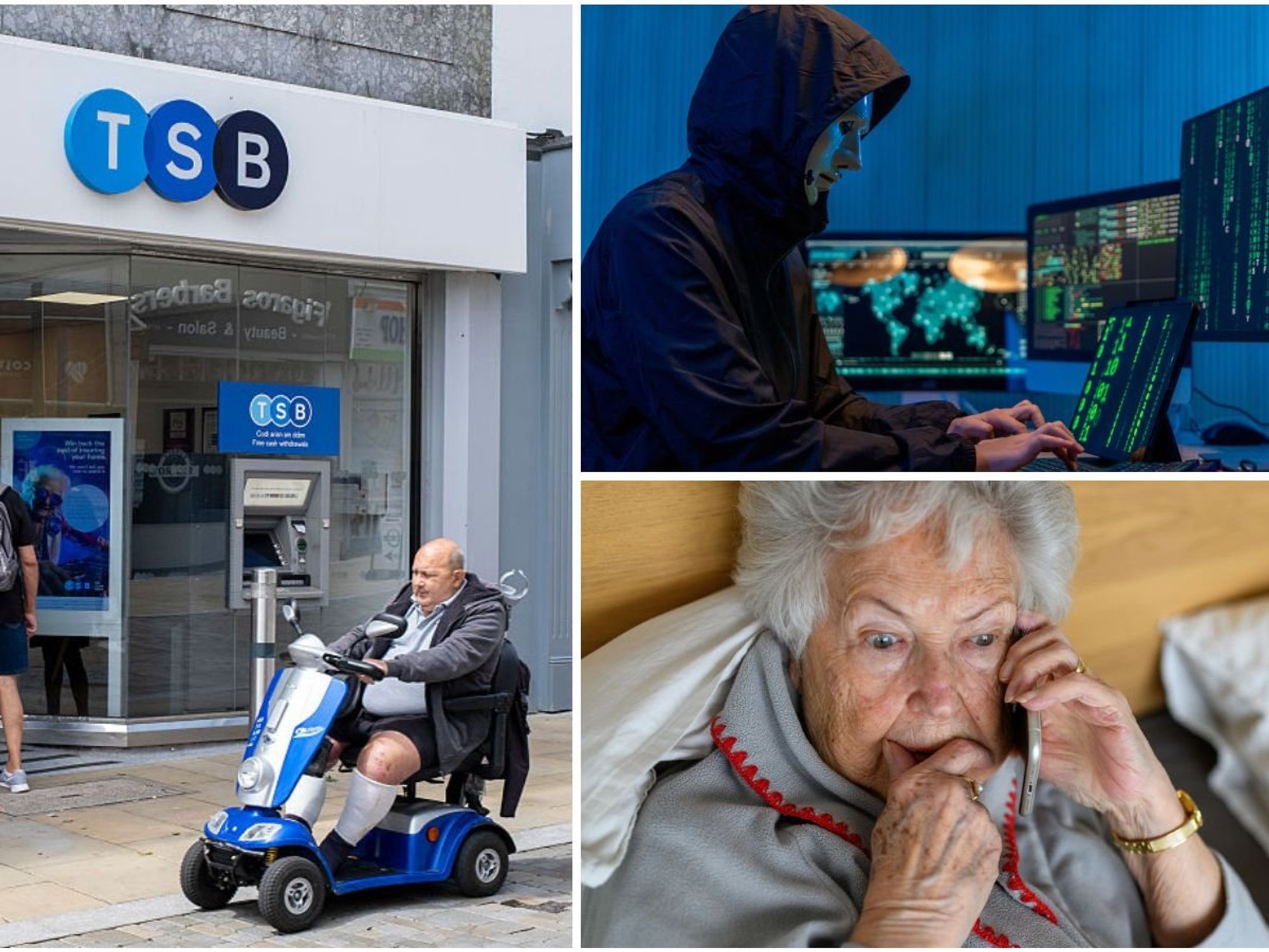 TSB bank branch, criminal on laptop and older woman on phone