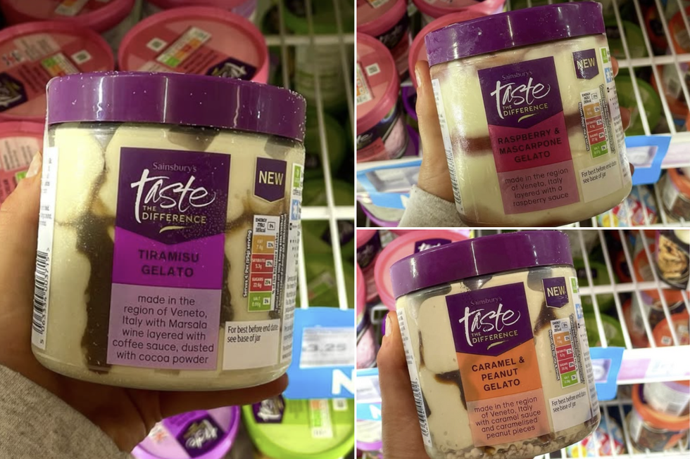 Tubs of Tiramisu, Caramel and Peanut, and Raspberry and Mascarpone Gelato in store