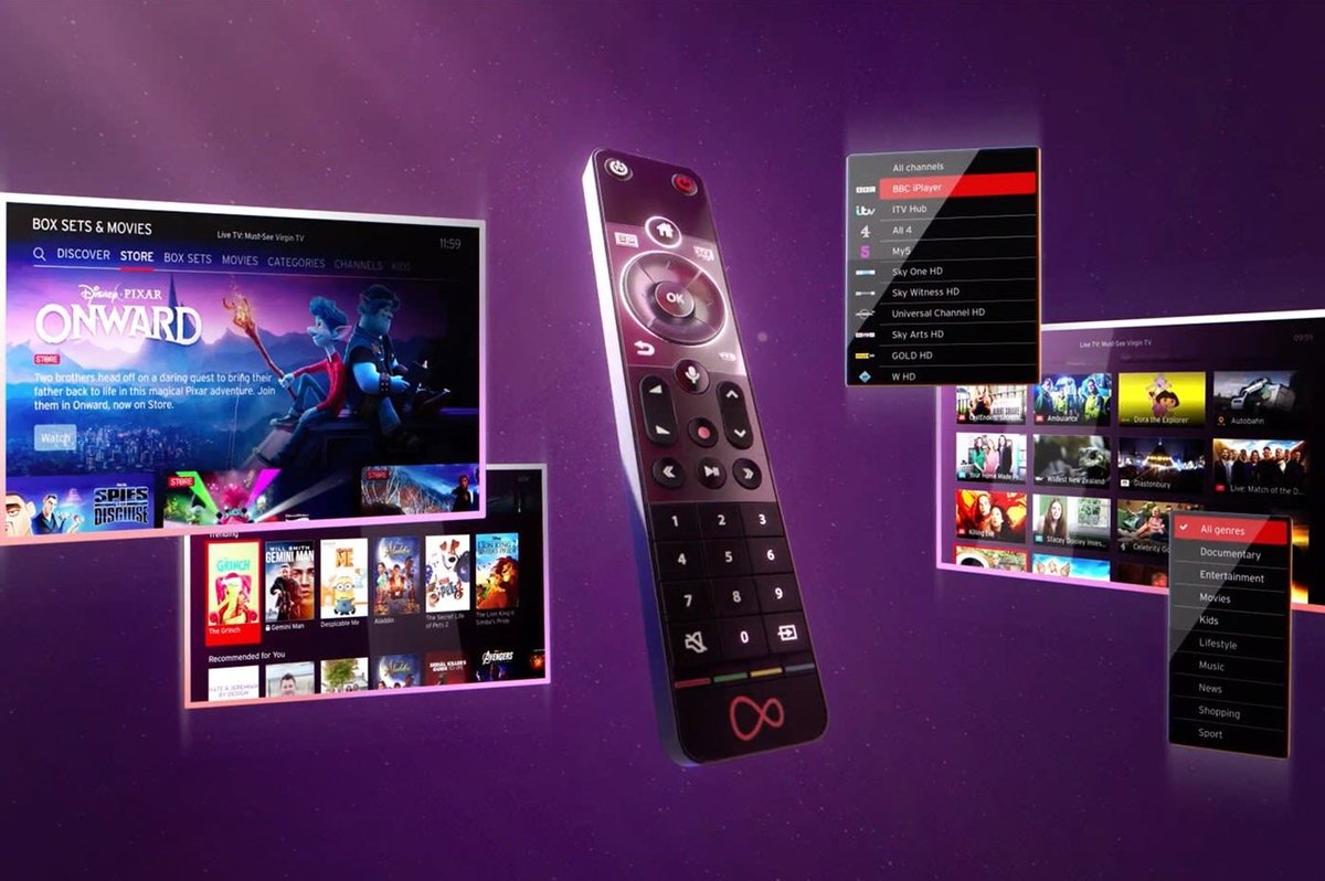 TV display screens and remote from Virgin Media