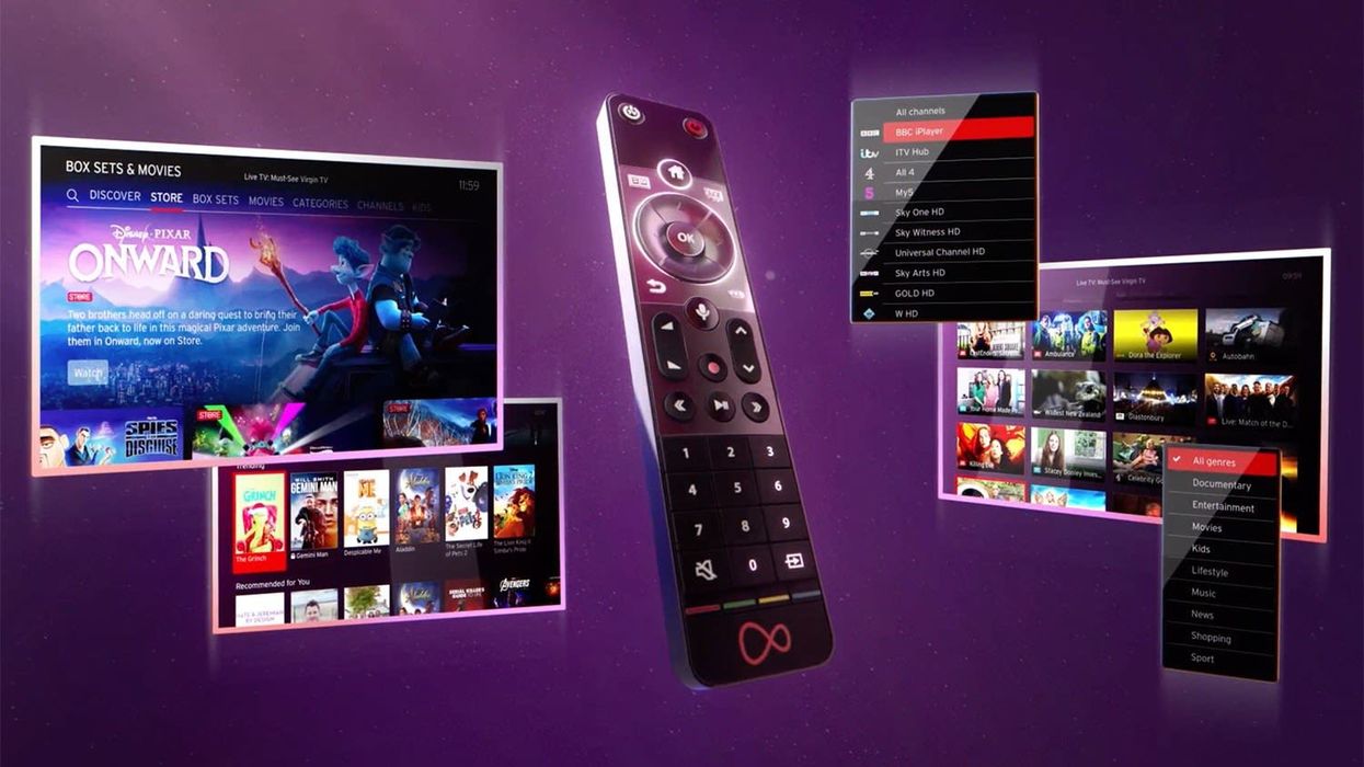 TV display screens and remote from Virgin Media
