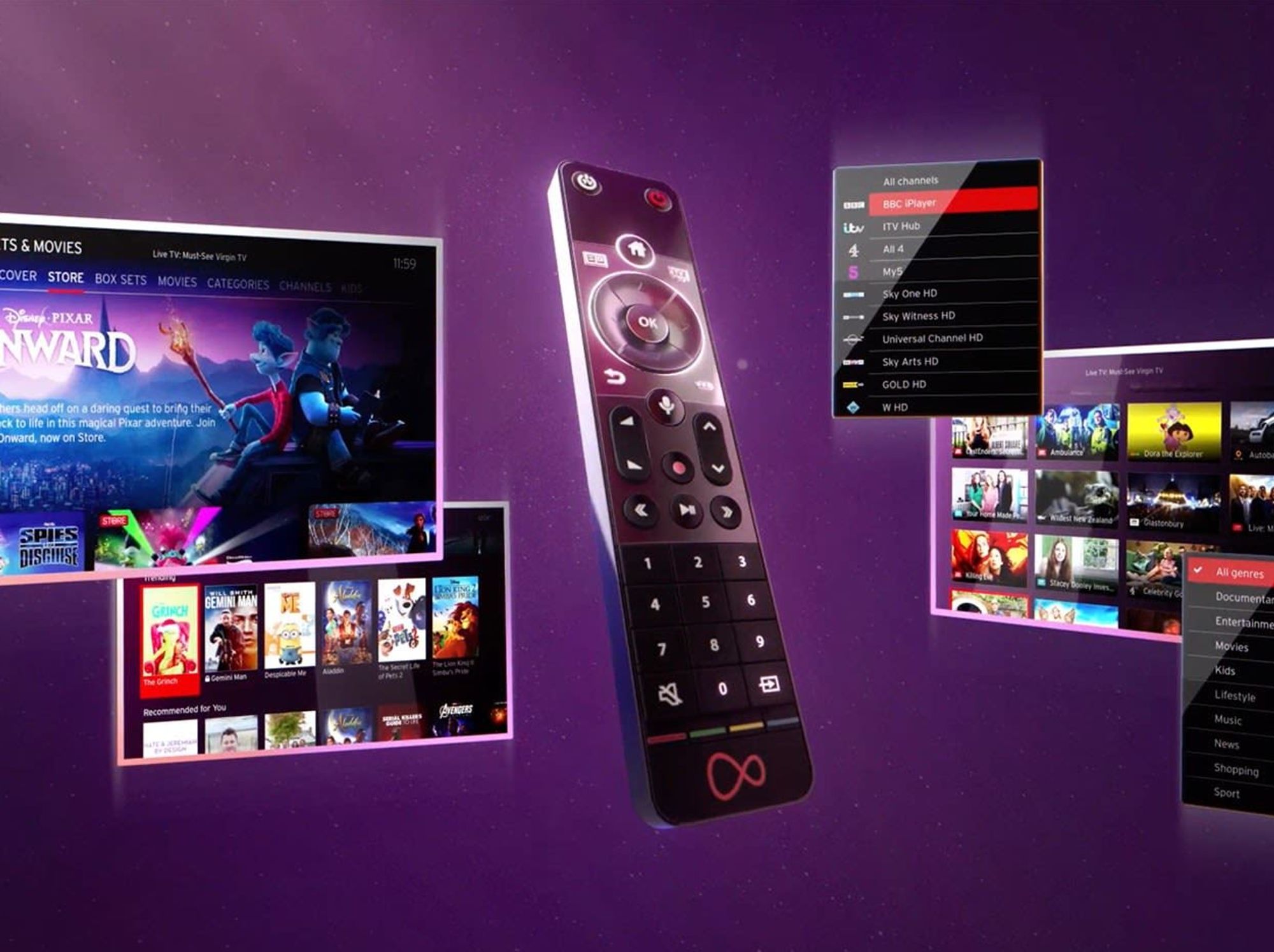 TV display screens and remote from Virgin Media