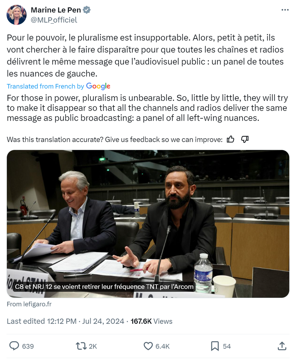 Tweet from Marine Le Pen about Arcom's decision