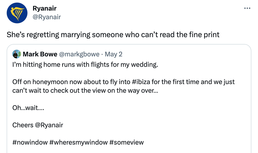 Twitter screenshot of Ryanair tweet