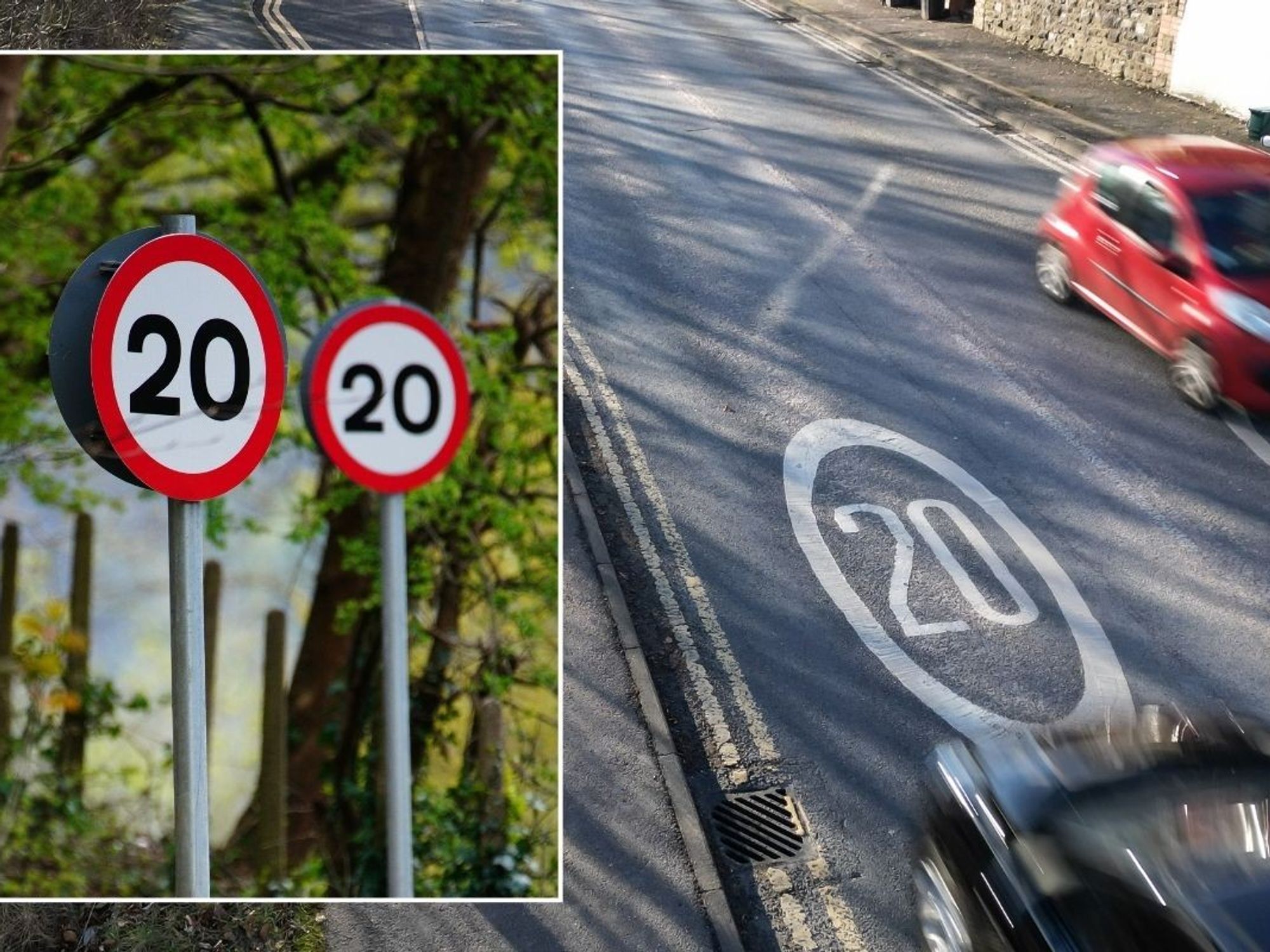 Two 20mph speed limit signs and a 20mph road