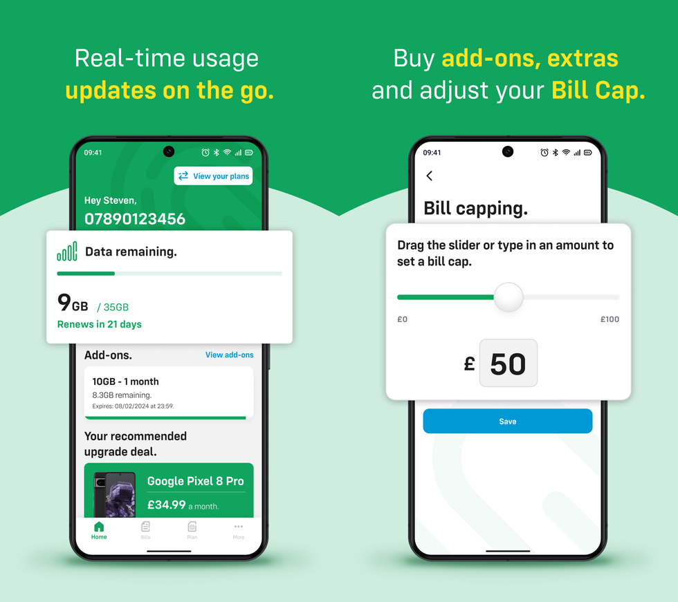 two android smartphones pictured side by side with different messages on-screen showing how to set bill caps and check remaining data