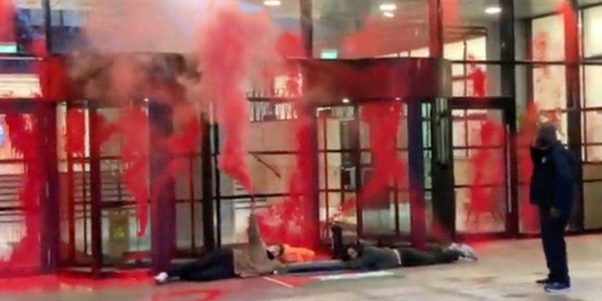 NextImg:Palestine activists lock themselves together after vandalising another firm in London for 'supporting Israel'