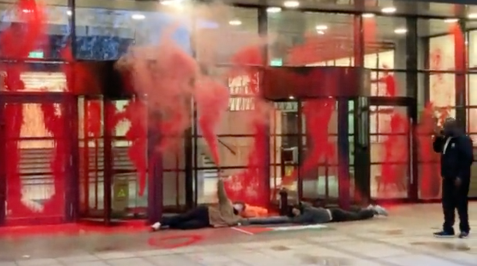 Two campaigners from Palestine Action were spotted lying on the floor outside French weapons maker Thales