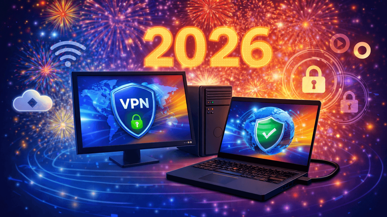 two computers connected with a cable with imagery for the new year