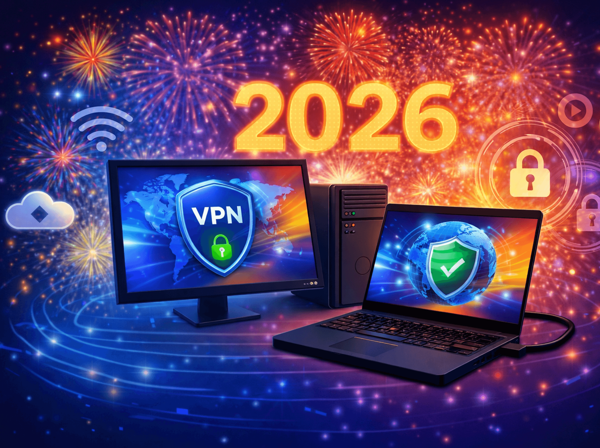 two computers connected with a cable with imagery for the new year