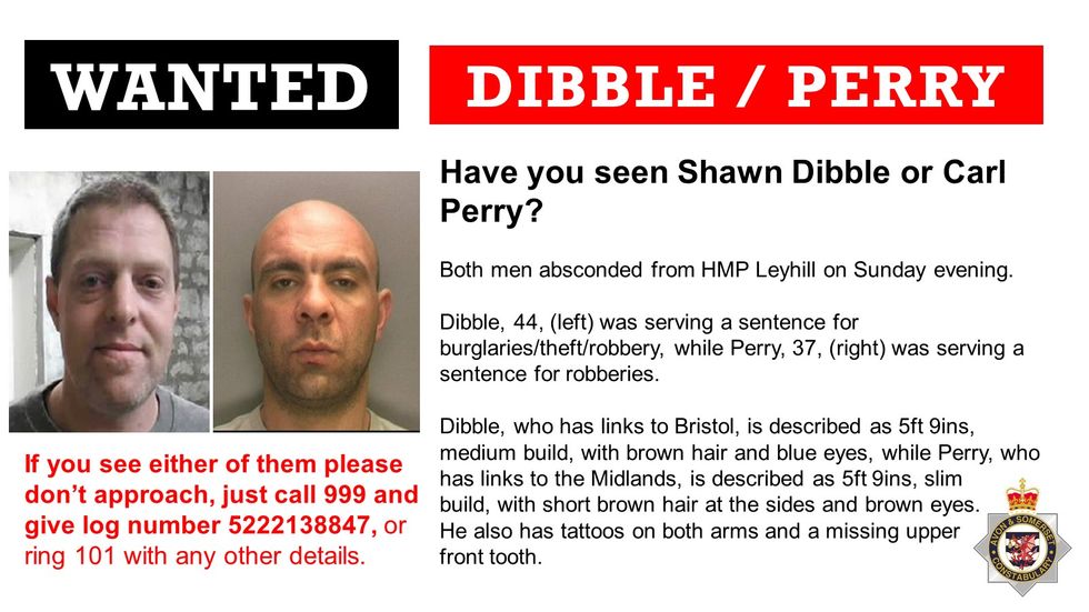 Two inmates on the run after escaping Leyhill Prison in Gloucestershire