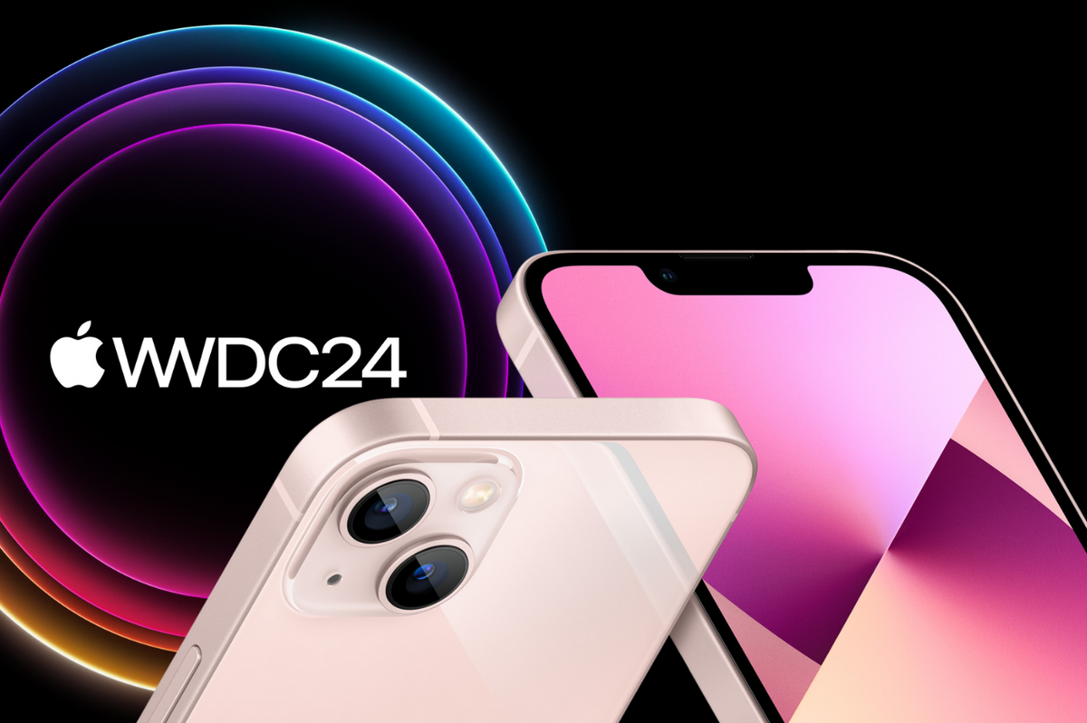 two iphone models pictured on the right side of the image with the wwdc logo in the background 