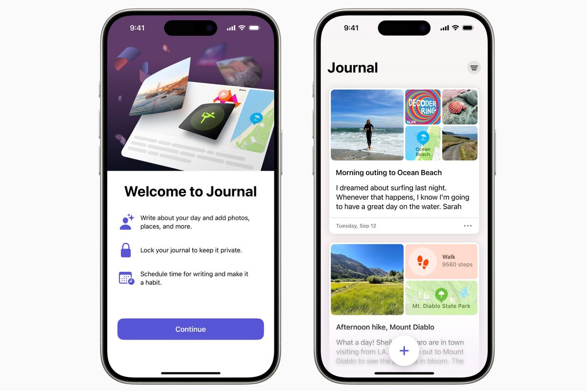 two iphones are pictured side by side with the journal app on-screen 