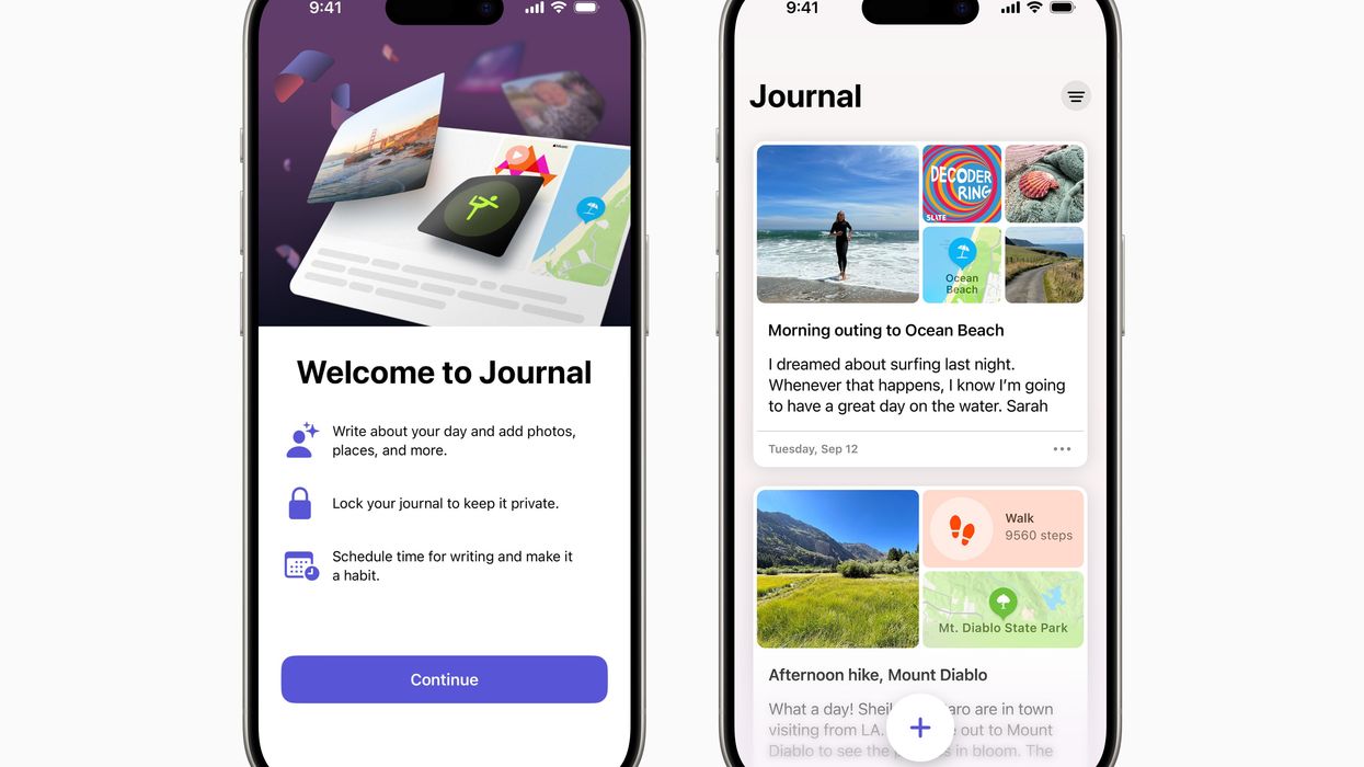 two iphones are pictured side by side with the journal app on-screen
