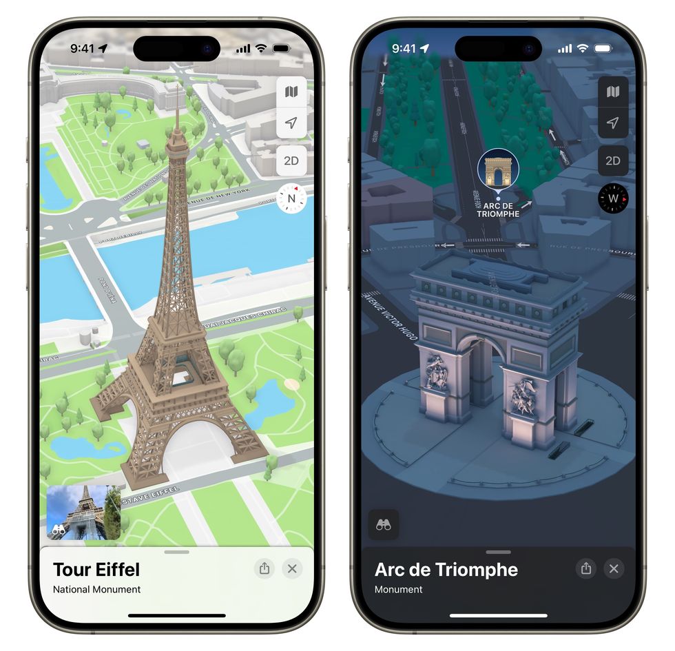 two iphones pictured side by side with 3d models of the Eiffel Tower and Arc De Triomphe