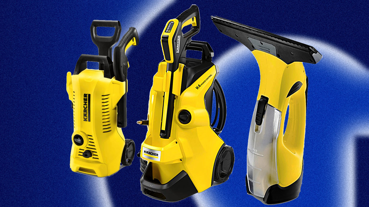 two karcher pressure washers and a window vacuum pictured on an abstract colourful background