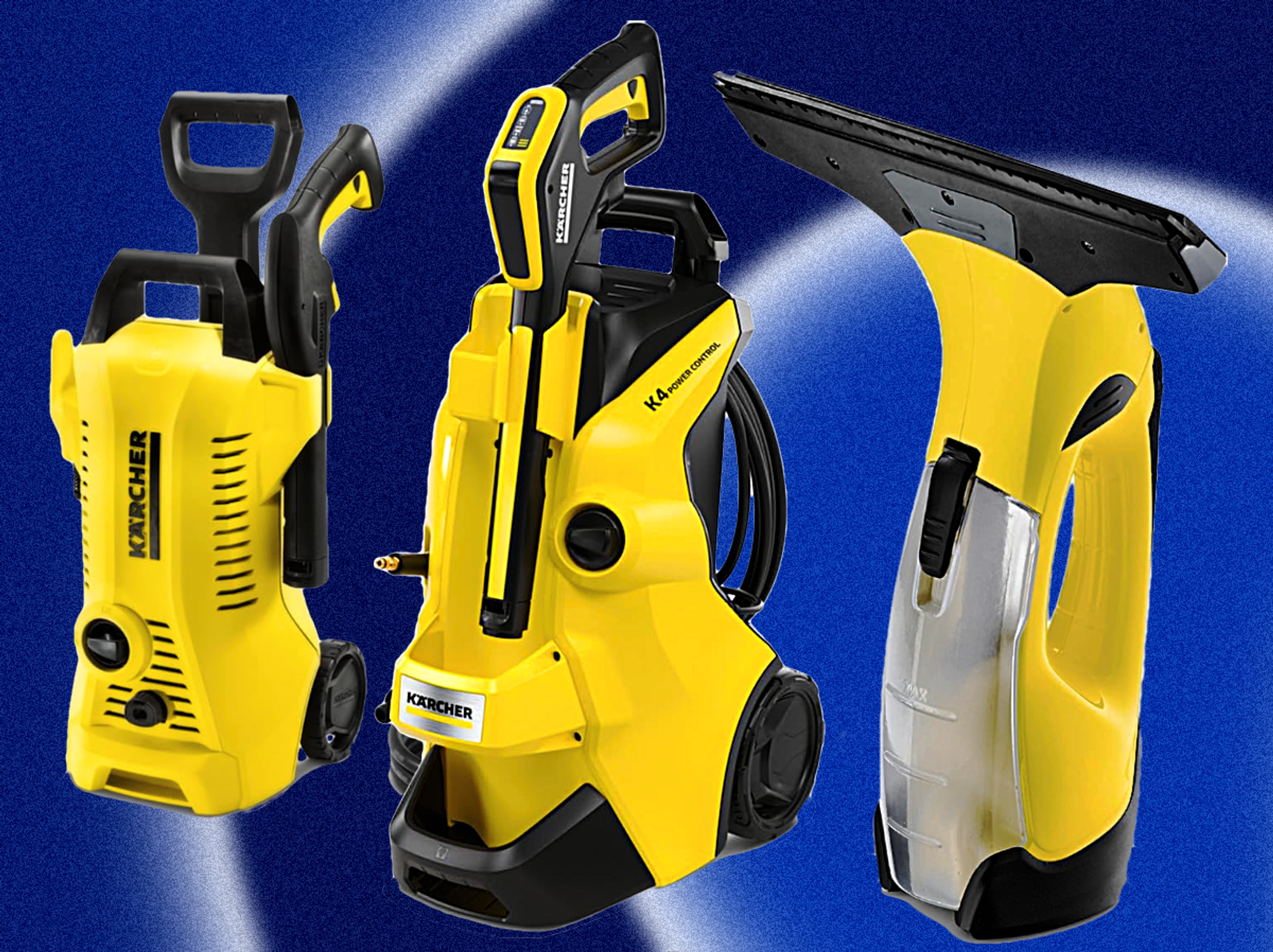 two karcher pressure washers and a window vacuum pictured on an abstract colourful background