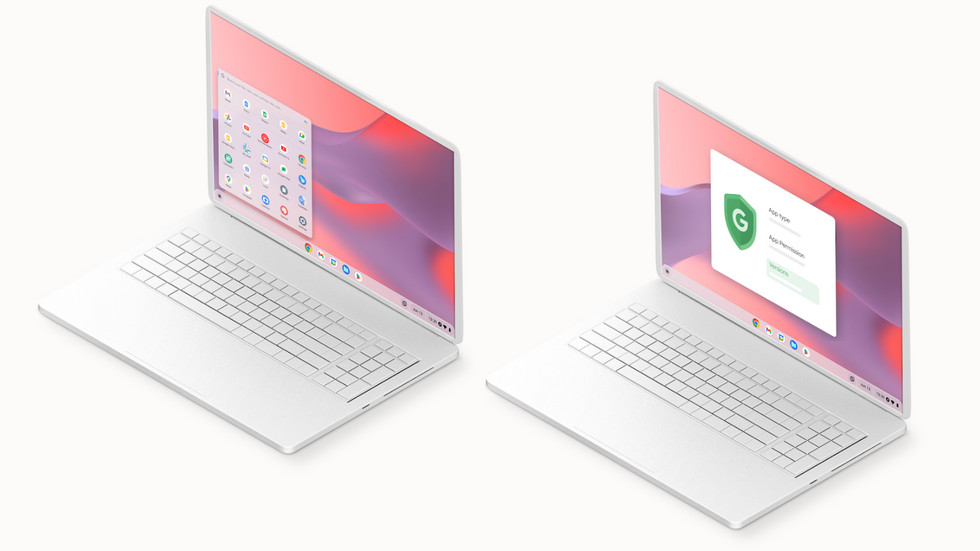 two laptops pictured side by side with examples of the chromeos flex operating system pictured on-screen