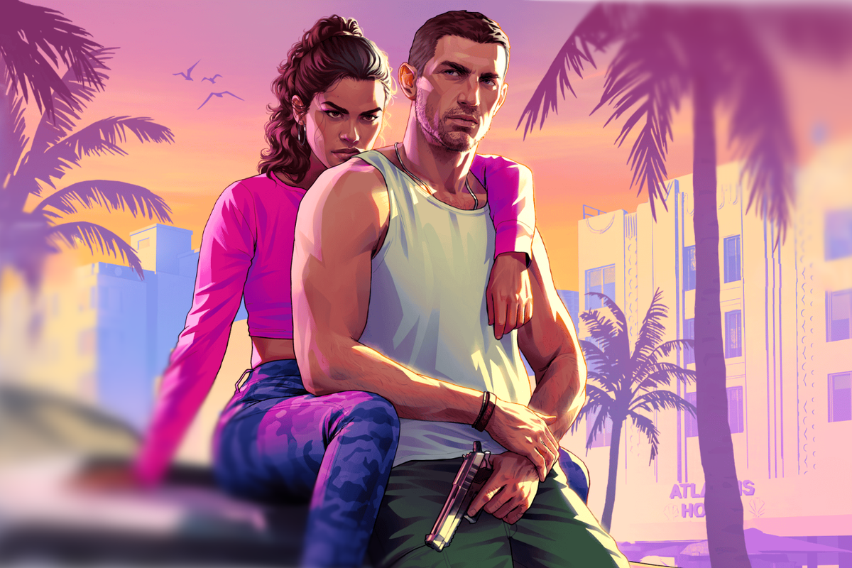 two main characters from the upcoming gta 6 release pictured sitting on the bonnet of a car in the city of Vice City, where the PS5 game will be set