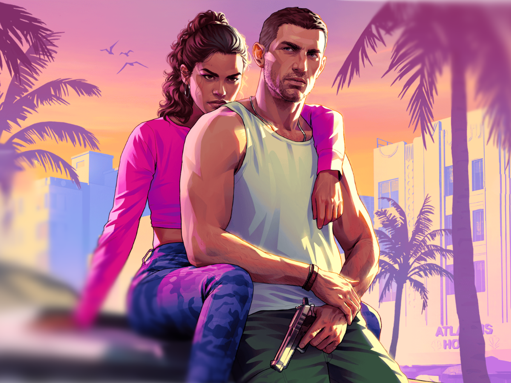 two main characters from the upcoming gta 6 release pictured sitting on the bonnet of a car in the city of Vice City, where the PS5 game will be set