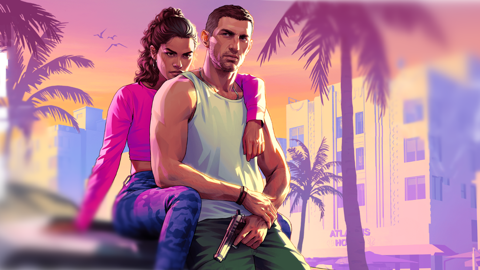 two main characters from the upcoming gta 6 release pictured sitting on the bonnet of a car in the city of Vice City, where the PS5 game will be set 