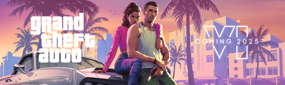 two main characters from the upcoming gta 6 release pictured sitting on the bonnet of a car in the city of Vice City, where the PS5 game will be set