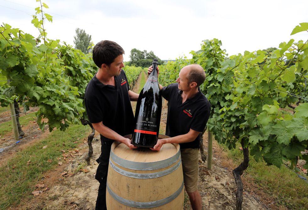 Two men holding a large bottle of sparkling wine