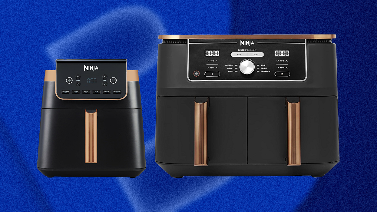 two models of ninja air fryer in copper pictured side by side with a colourful background