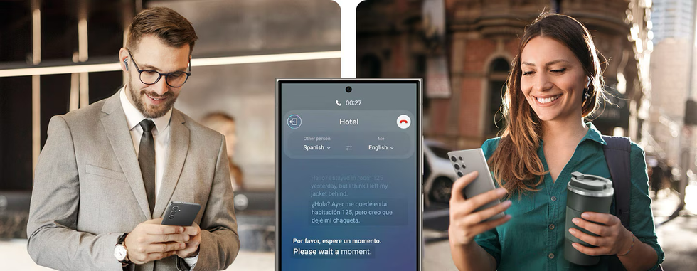 two people speaking on Galaxy smartphones with Galaxy AI offering real-time translations