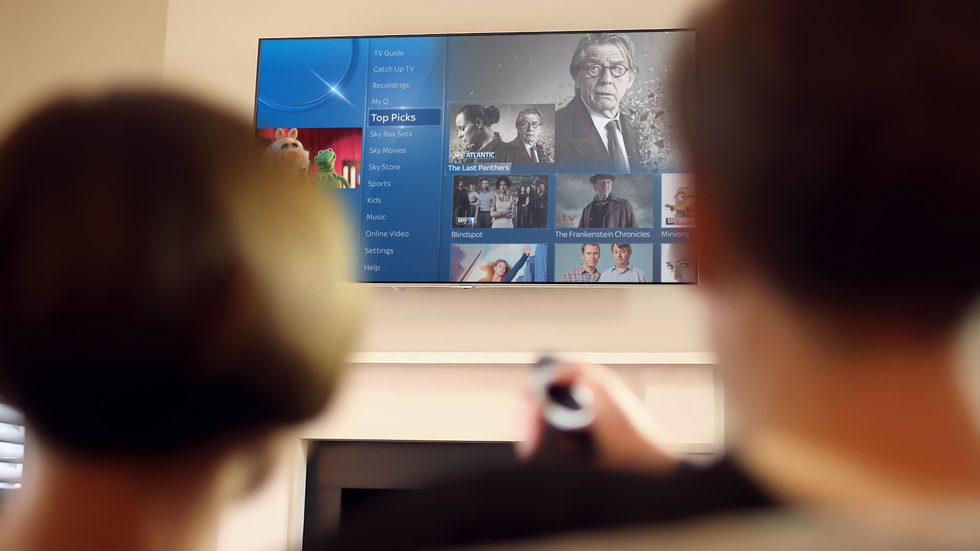 two people watching television with a Sky Q remote
