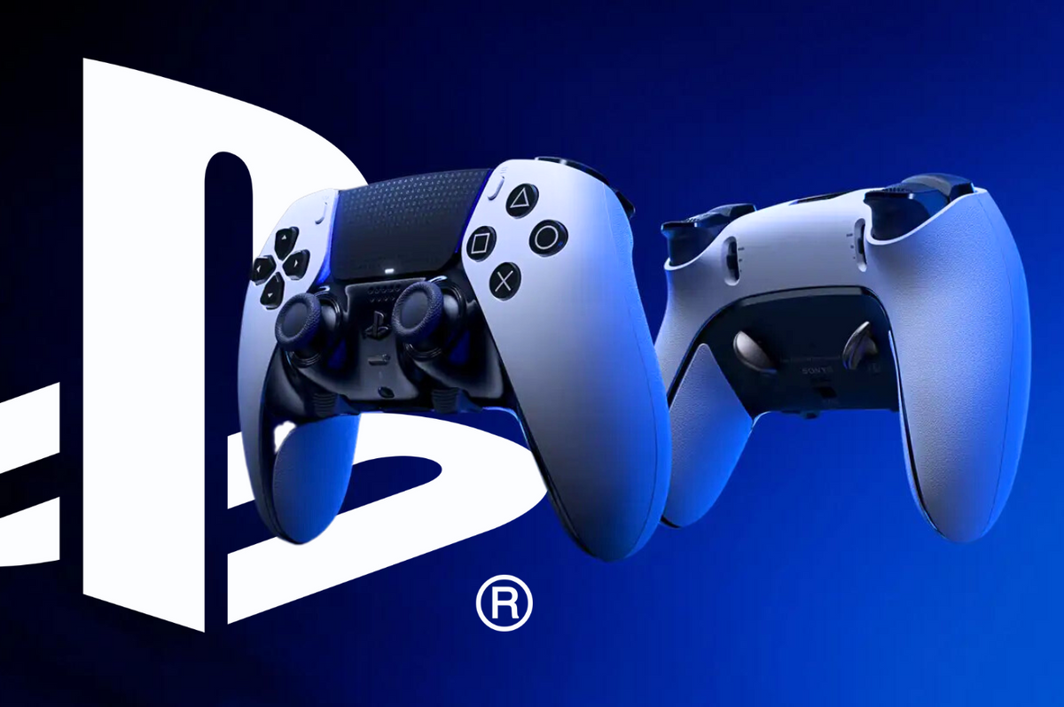 two playstation 5 controllers float side by side with a sony playstation logo in the background 