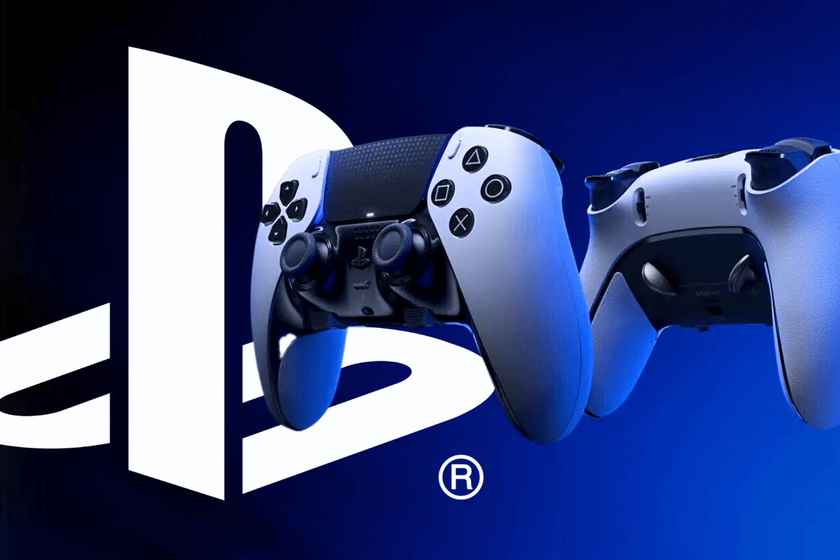 two playstation 5 controllers float side by side with a sony playstation logo in the background