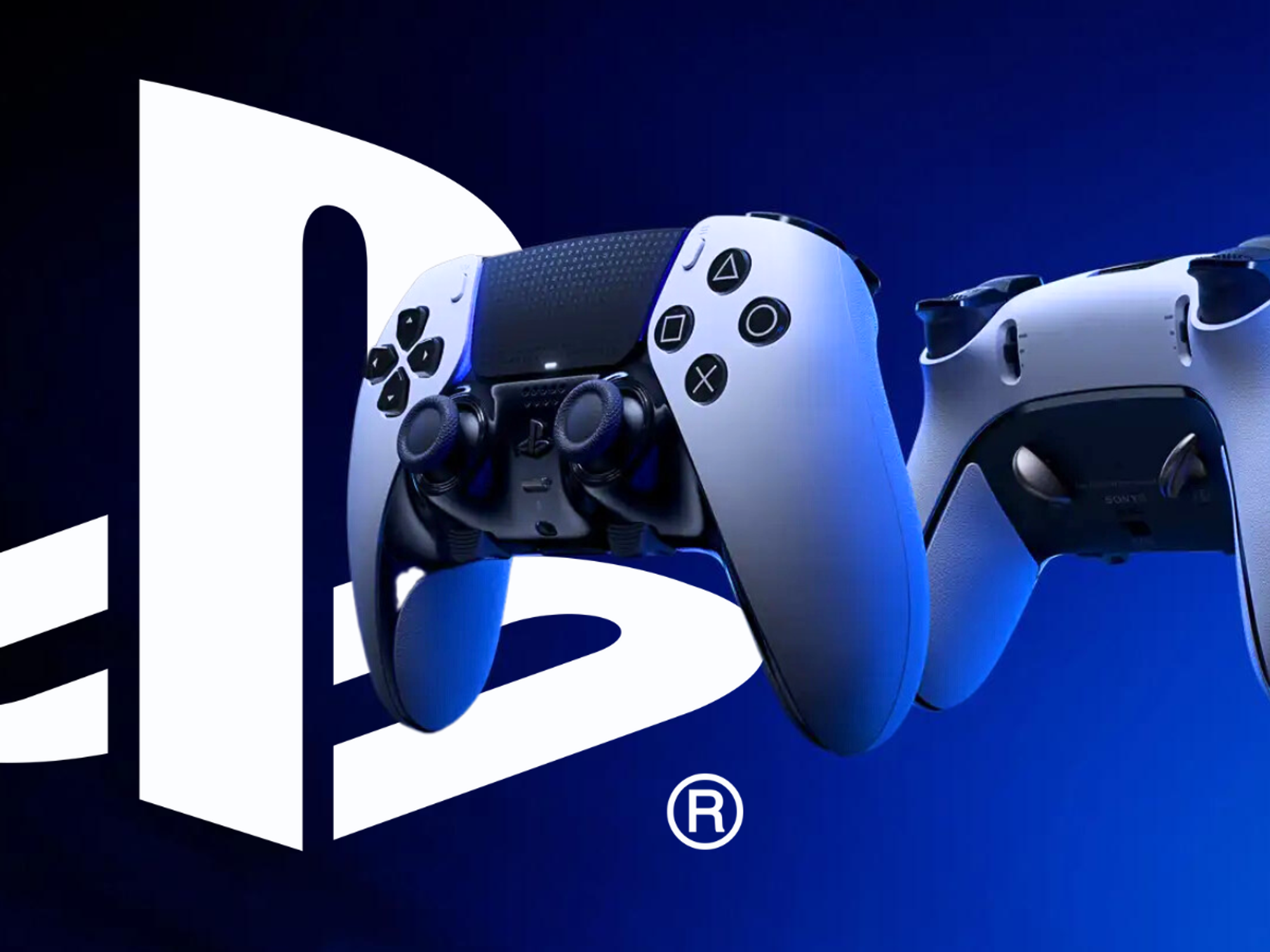 two playstation 5 controllers float side by side with a sony playstation logo in the background