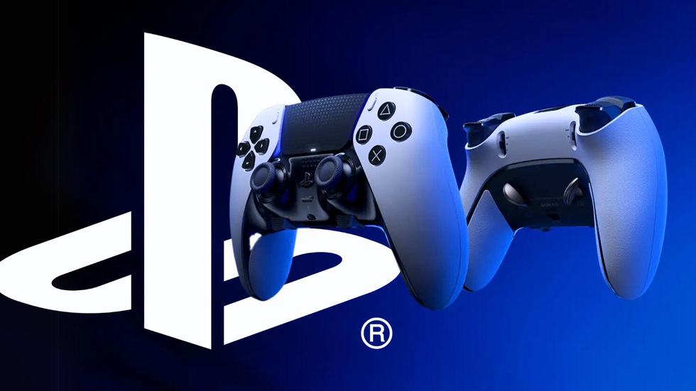 two playstation 5 controllers float side by side with a sony playstation logo in the background
