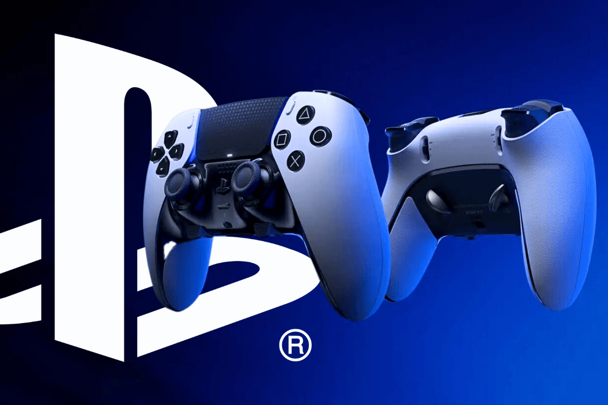 two playstation 5 controllers float side by side with a sony playstation logo in the background