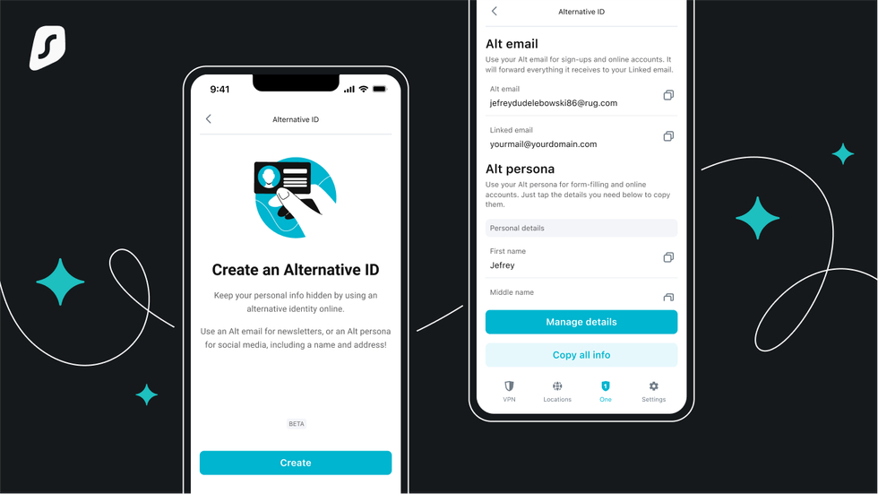 two screenshot examples from the surfshark app that shows how the alternative id system works