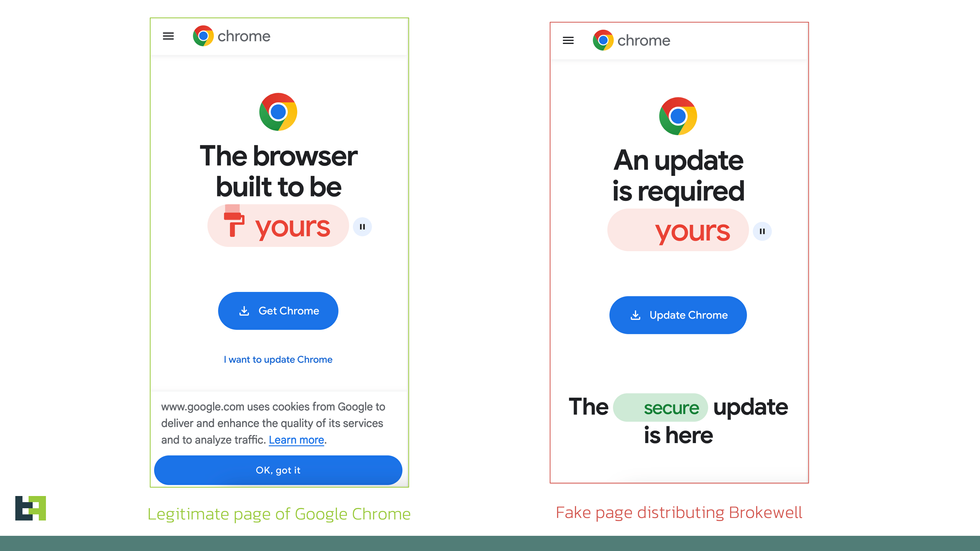 two screenshots of the google chrome update page to show the similarities between the official update page and the brokewell trick page