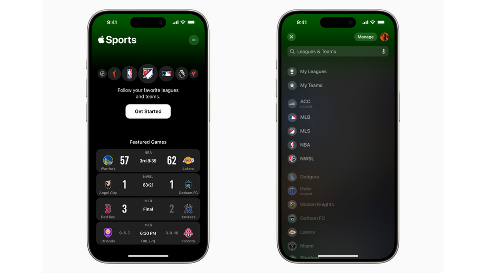 two screenshots of the new apple sports app shown on an iphone