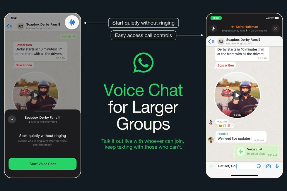 two screenshots of WhatsApp's new Voice Chat feature in-use