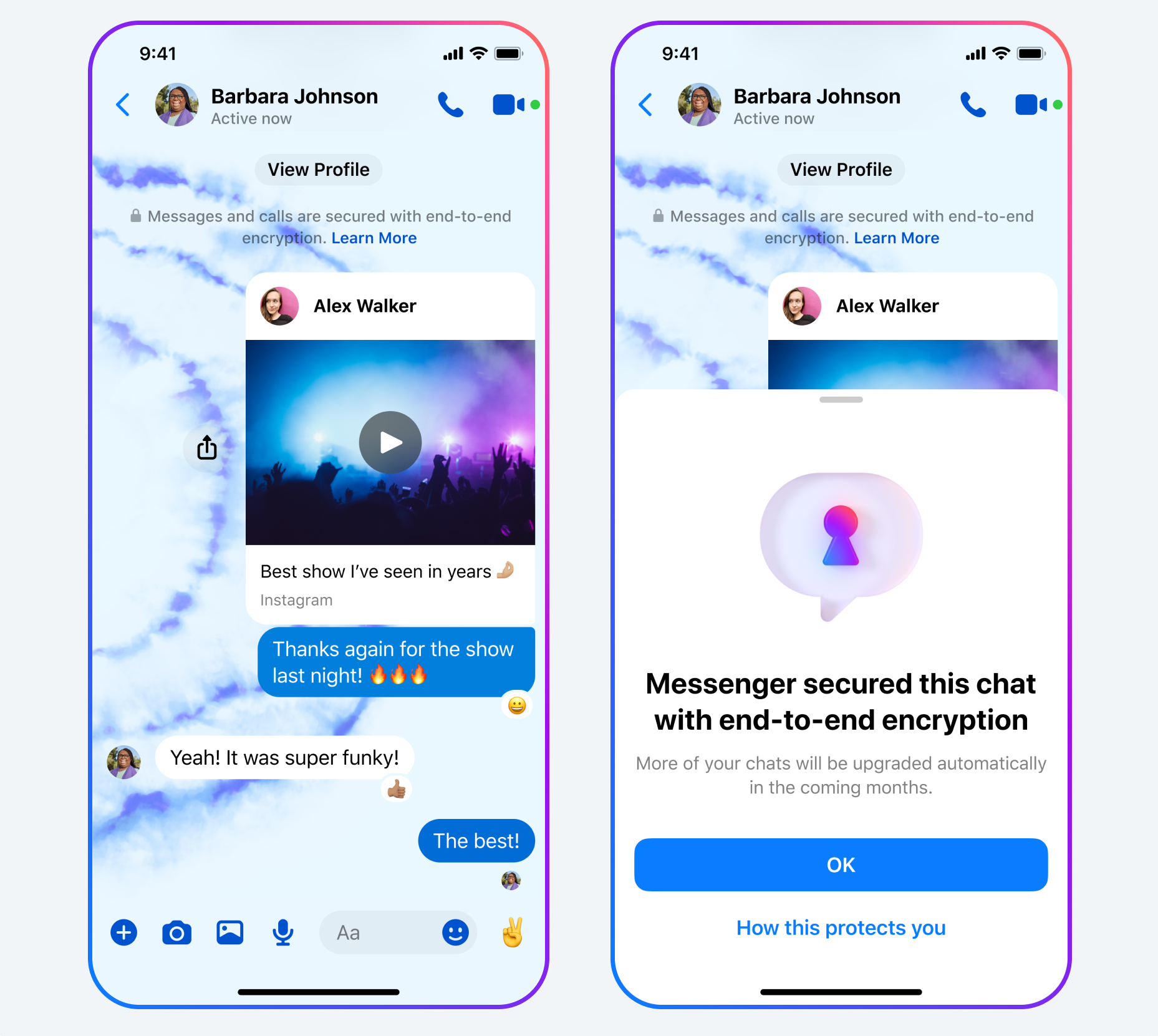 two screenshots side by side showing the notification for Messenger users when encryption is enabled