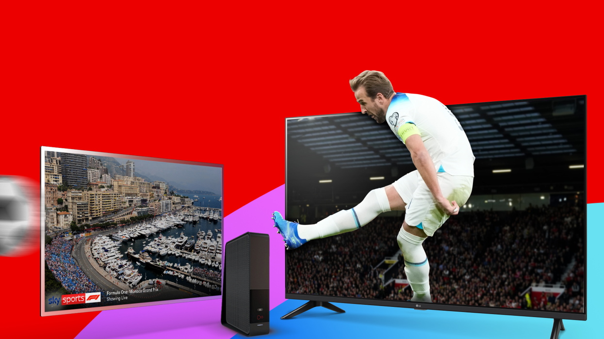 two televisions showing Sky Sports with a Virgin Media Wi-Fi router in the centre and Harry Kane kicking a ball