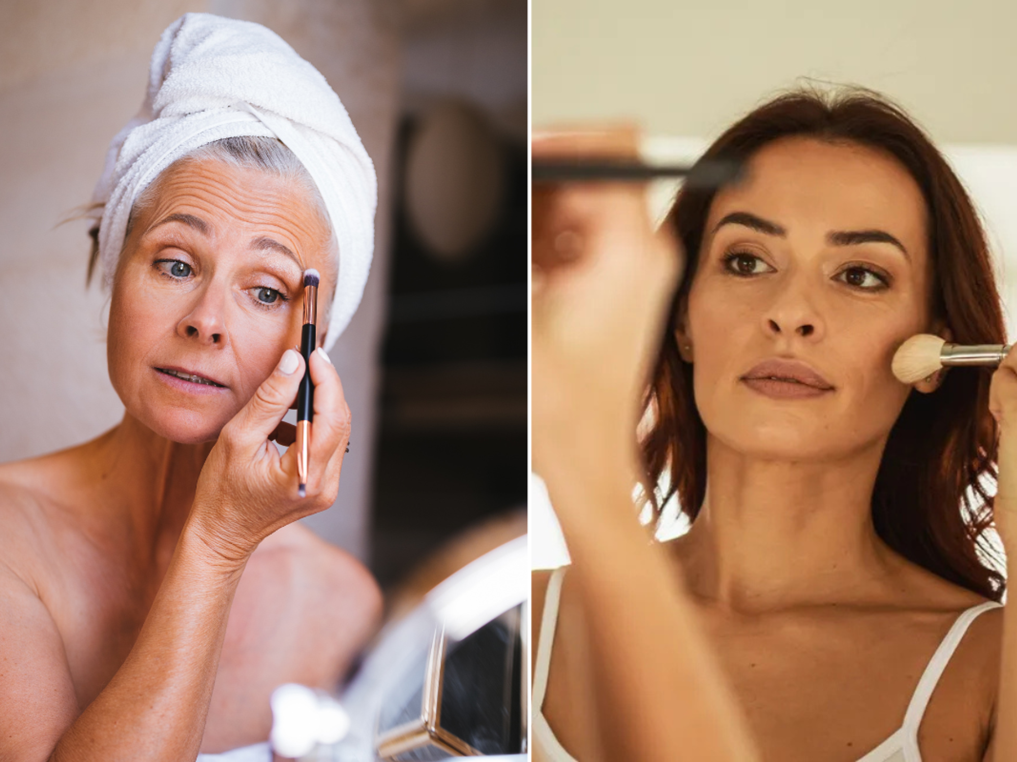 Two women applying makeup