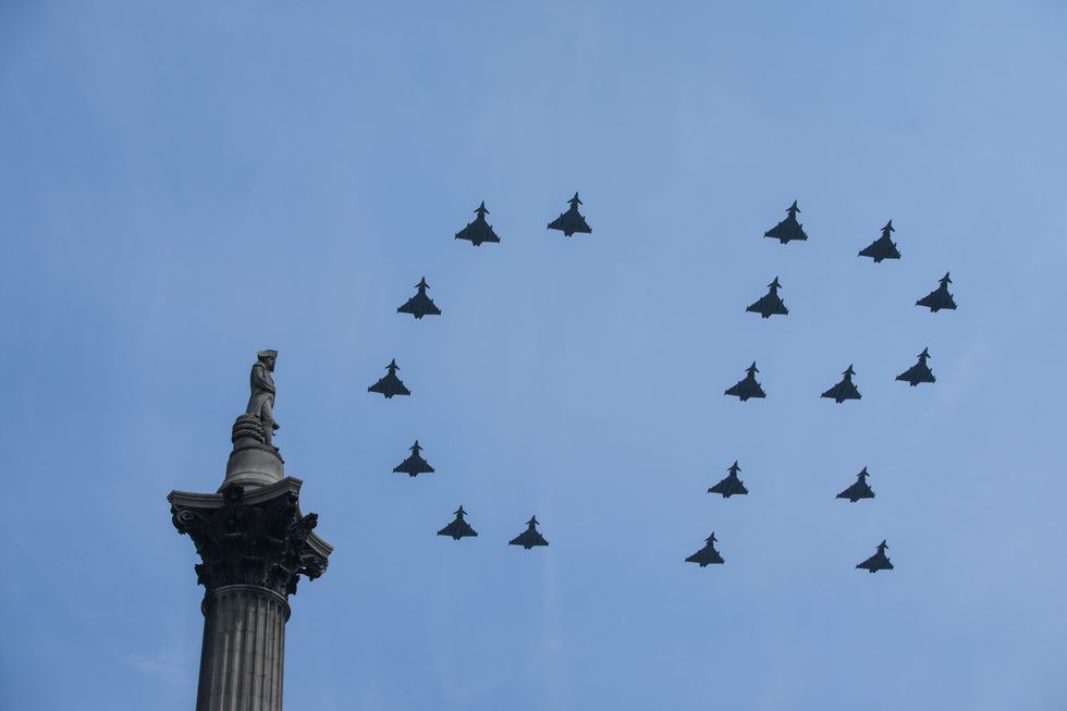 Typhoon fighter jets fly over The Mall after the Royal family attended the Trooping the Colour ceremony at Horse Guards Parade