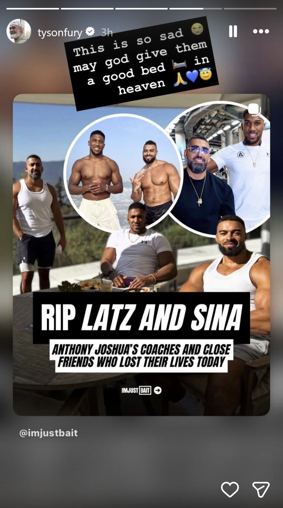 Tyson Fury paid tribute to the two killed in the car crash that also saw Anthony Joshua injured