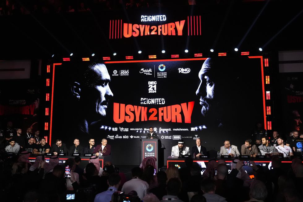 tyson fury speaking at the press conference ahead of the rematch with Oleksandr Usyk in Riyadh, Saudi Arabia available to stream online