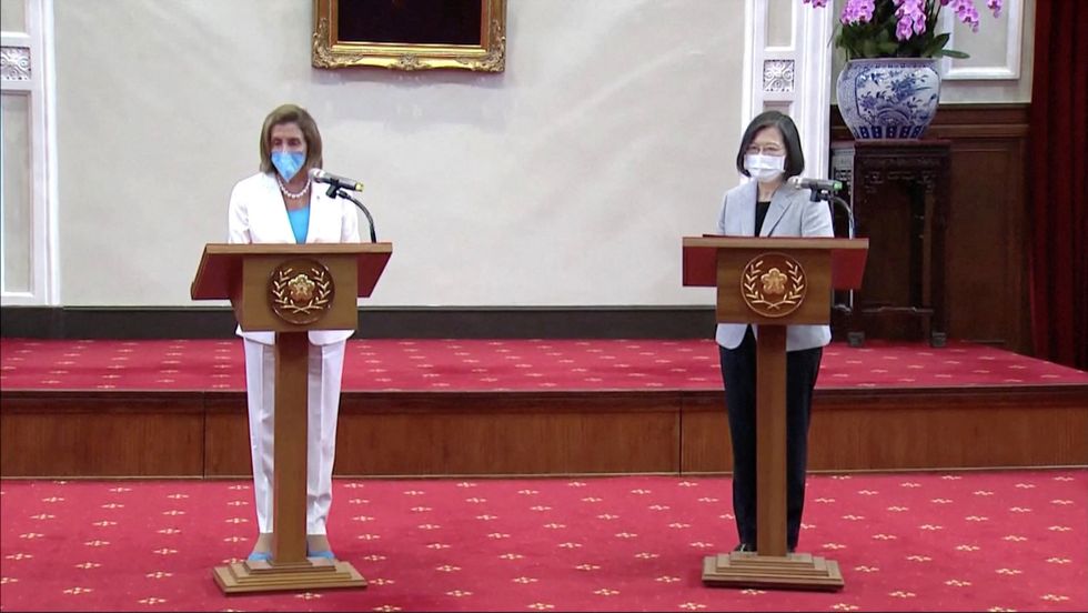U.S. House of Representatives Speaker Nancy Pelosi attends a news conference with Taiwan President Tsai Ing-wen at the presidential office in Taipei, Taiwan August 3, 2022, in this screengrab taken from a video. Taiwan Presidential Office/Handout via REUTERS TV ATTENTION EDITORS - THIS IMAGE WAS PROVIDED BY A THIRD PARTY. NO RESALES. NO ARCHIVES.